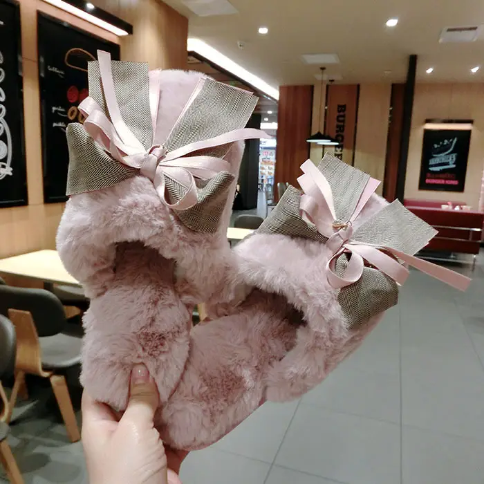 Korean New Style Slippers Bow Plush Thickened Warm Shoes Autumn and Winter Women's Home Flat Outer Wearing Cotton Slippers