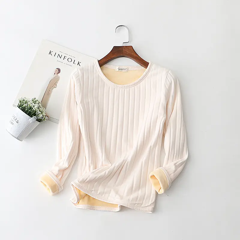Women's Fleece Lined Long Sleeve T-Shirt Cream Large - Image 3