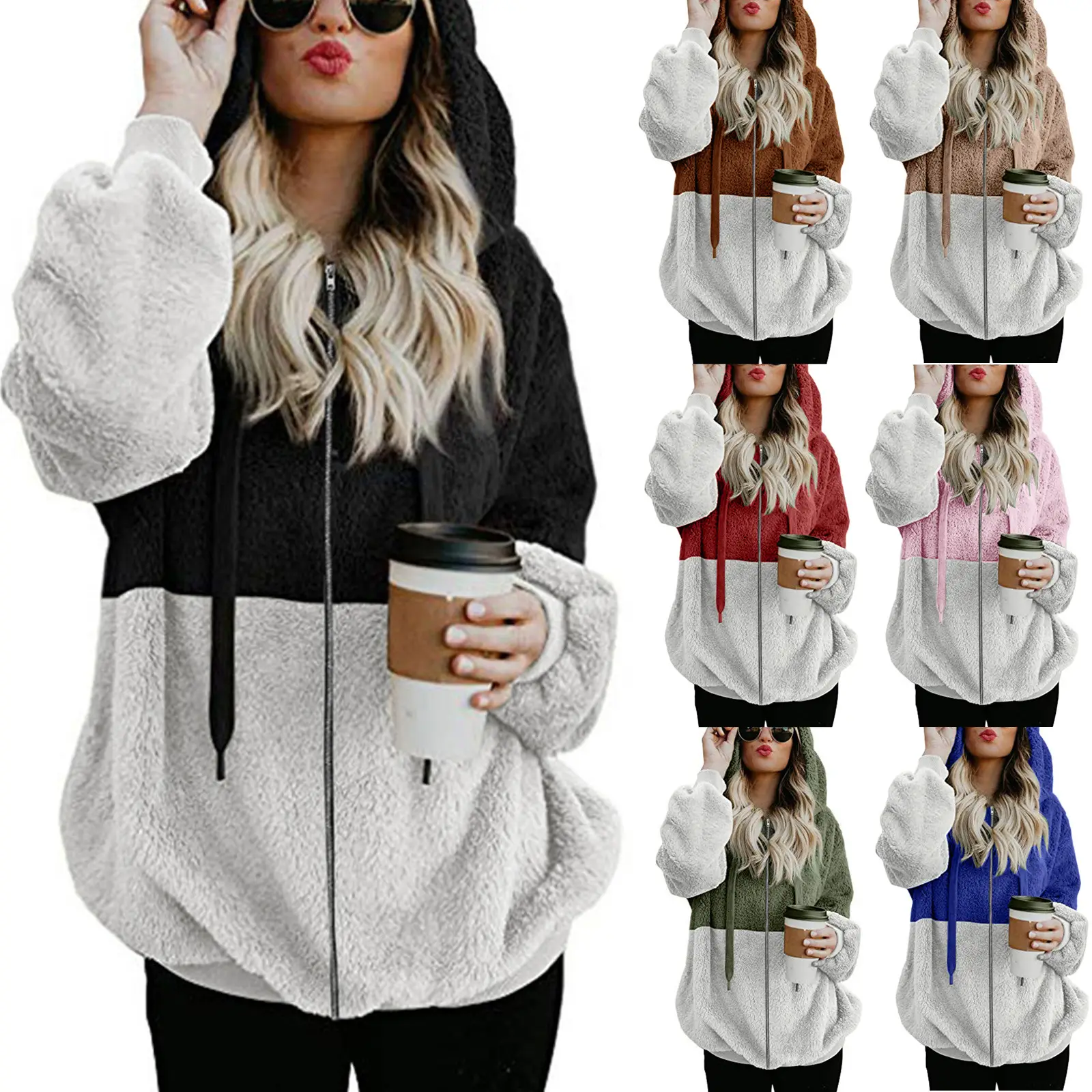 2025 European Women's Fleece Hoodie Sweatshirt Set Brown Grey Zip Up - Image 10