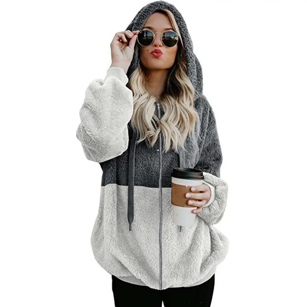 2025 European Women's Fleece Hoodie Sweatshirt Set Brown Grey Zip Up - Image 3