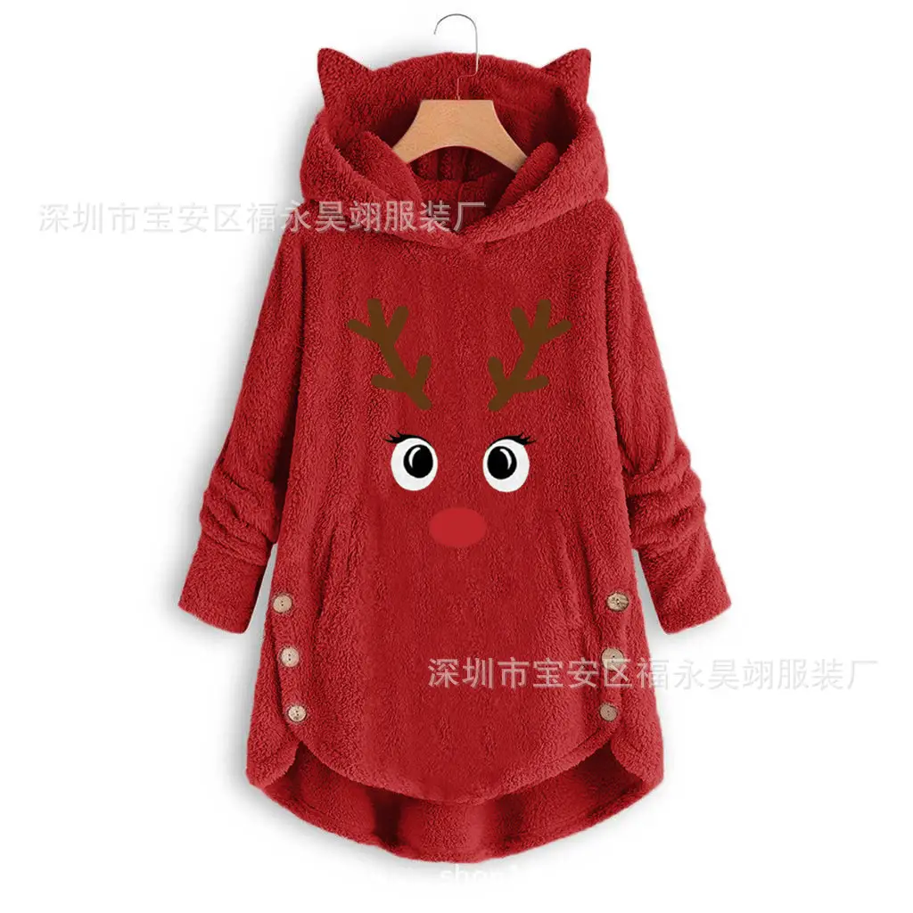 Women's Button Plush Hoodie Red Deer Antlers Winter - Image 5
