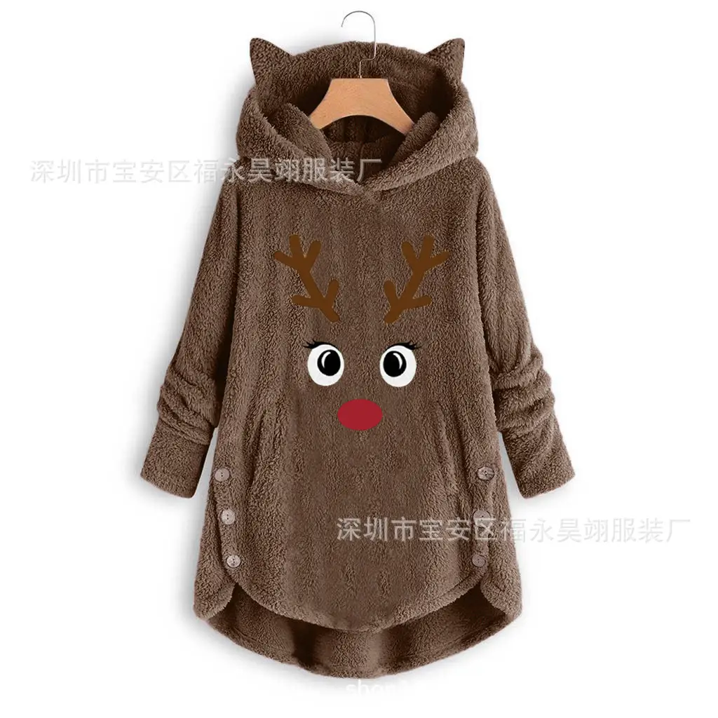 Women's Button Plush Hoodie Red Deer Antlers Winter - Image 6