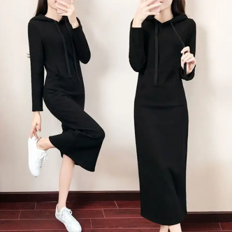 Women Hooded Sweatshirt Dress Grey Long Sleeve Slim Waist