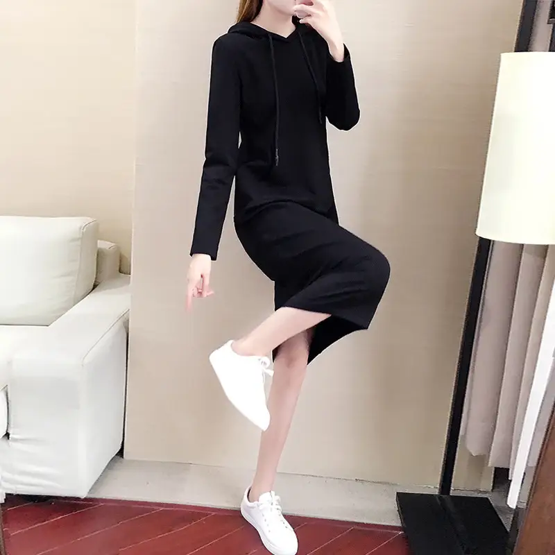 Women Hooded Sweatshirt Dress Grey Long Sleeve Slim Waist