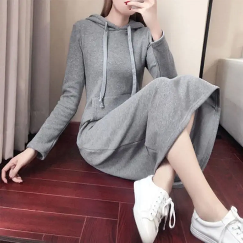 Women Hooded Sweatshirt Dress Grey Long Sleeve Slim Waist