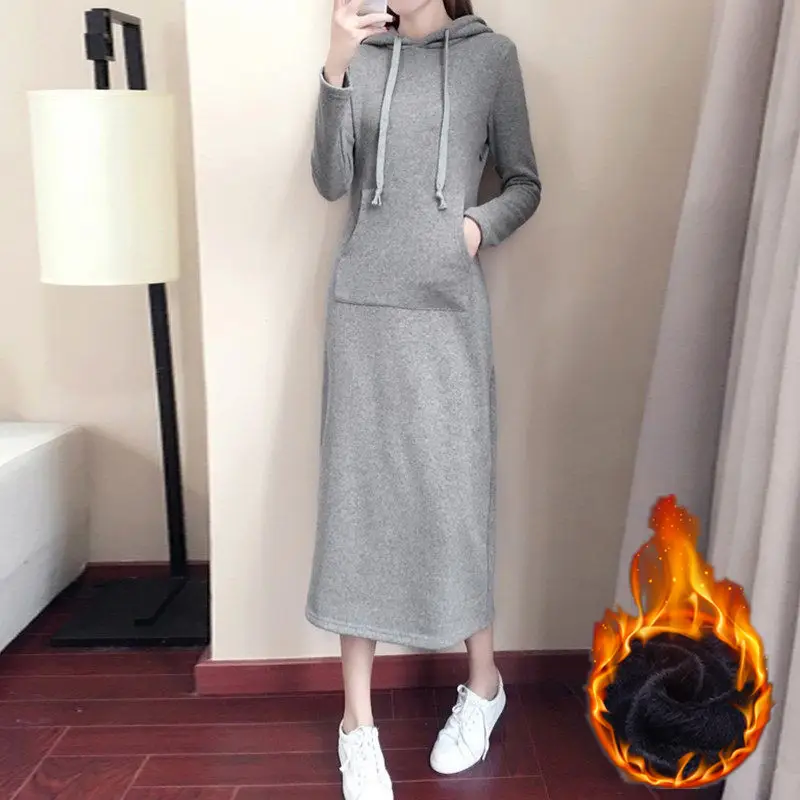 Women Hooded Sweatshirt Dress Grey Long Sleeve Slim Waist