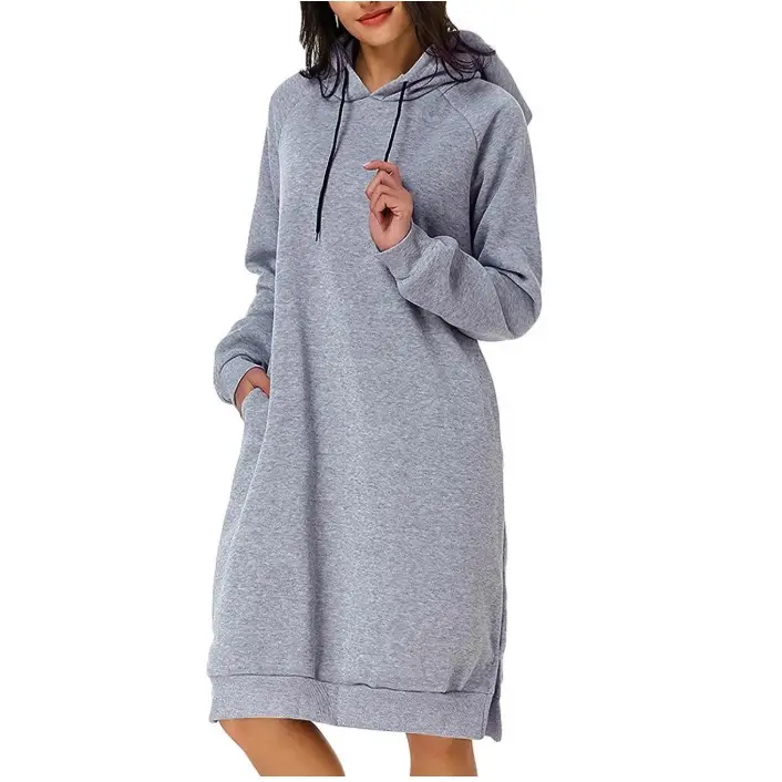 Women Hooded Hoodie Mid-Length Sweater Grey - Image 6