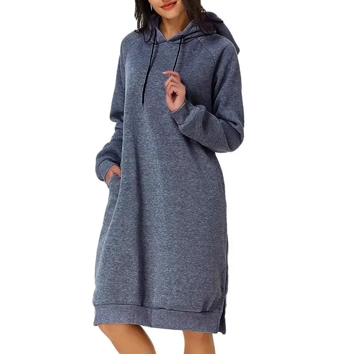 Women Hooded Hoodie Mid-Length Sweater Grey - Image 7