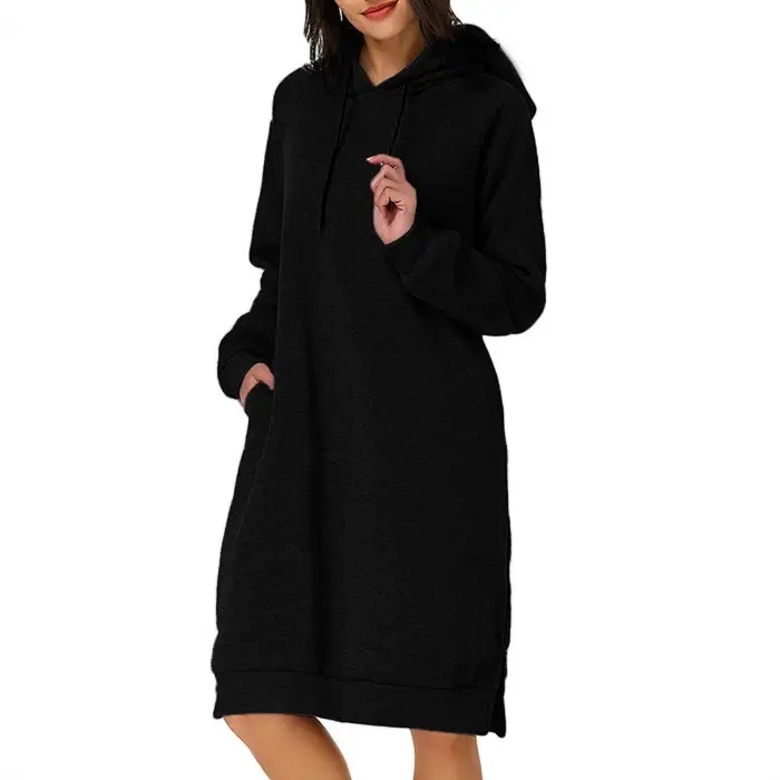 Women Hooded Hoodie Mid-Length Sweater Grey - Image 9