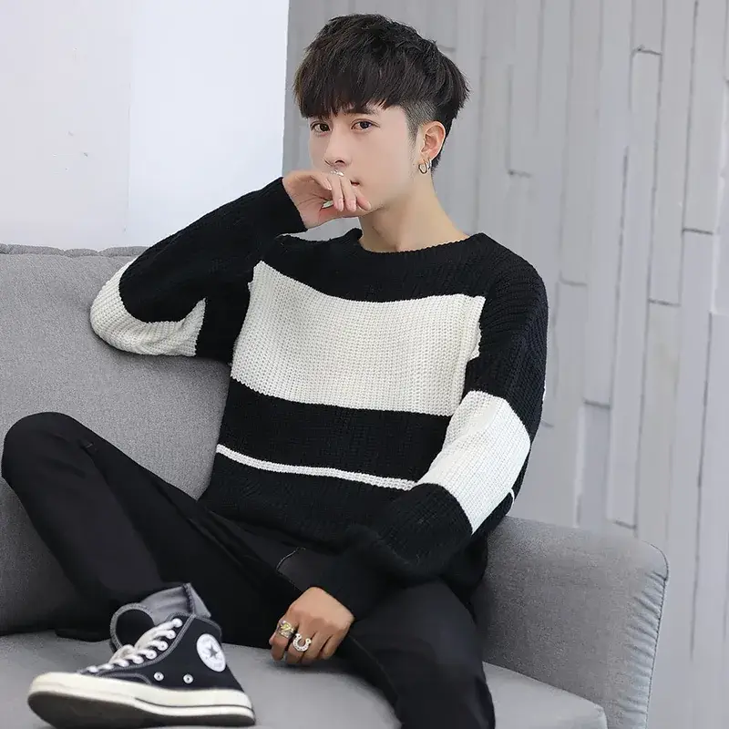 Korean Style Loose Turtleneck Sweater Black White - Image 6