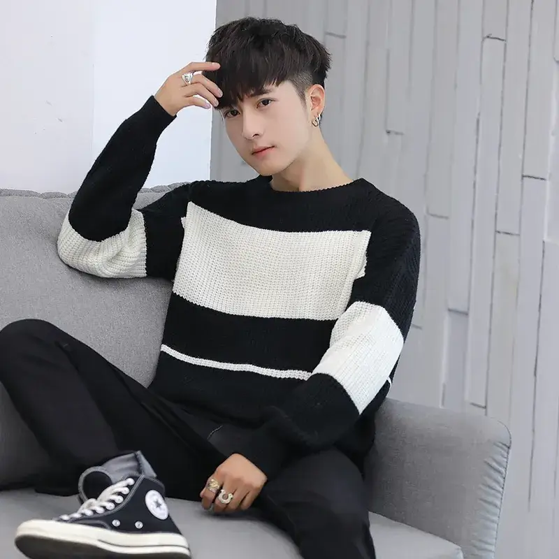Korean Style Loose Turtleneck Sweater Black White - Image 7