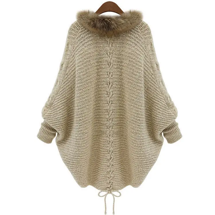 Women's Knitted Fur Collar Sweater Cape Winter Coat - Image 3