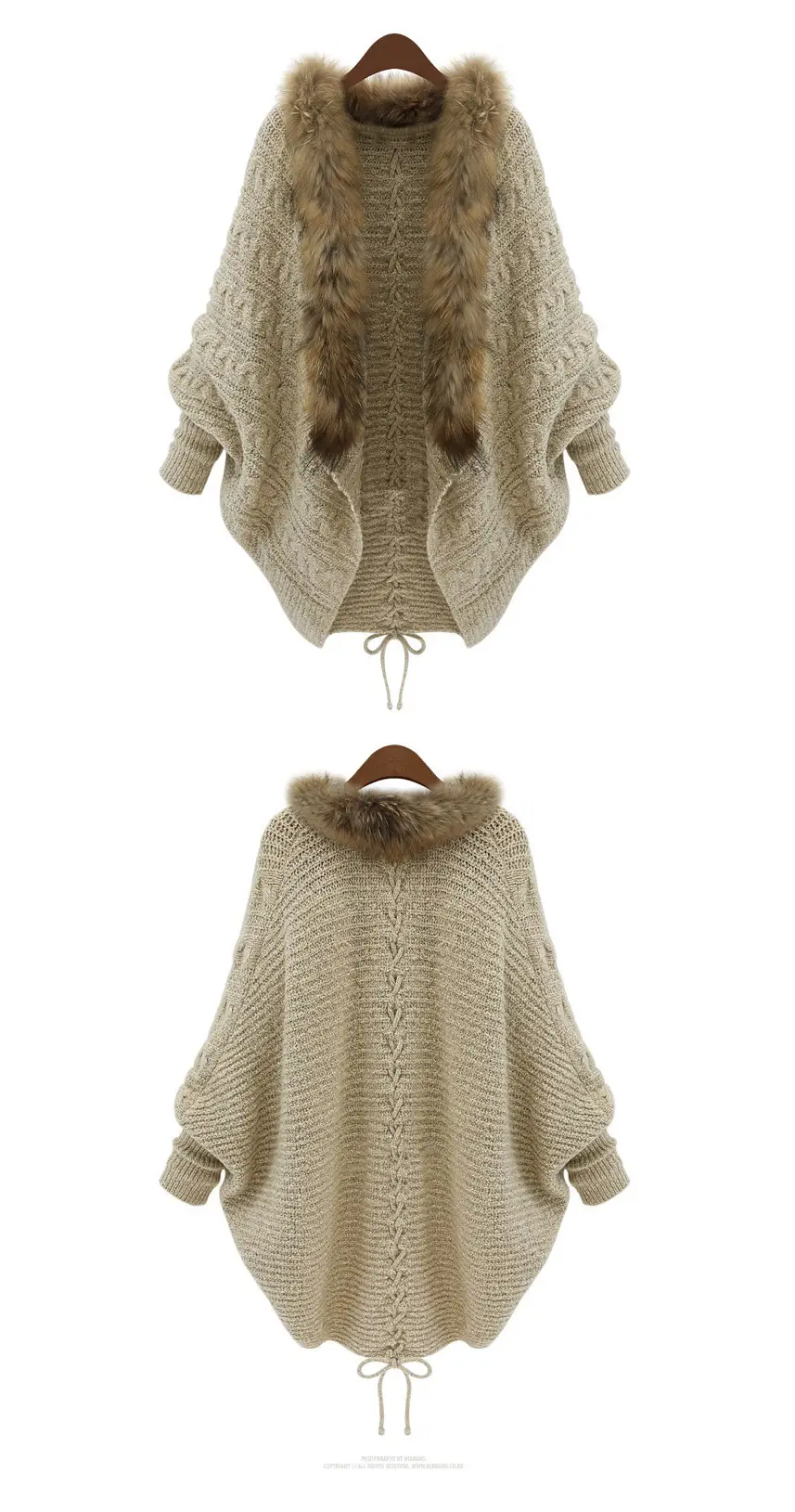 Women's Knitted Fur Collar Sweater Cape Winter Coat — feature 3