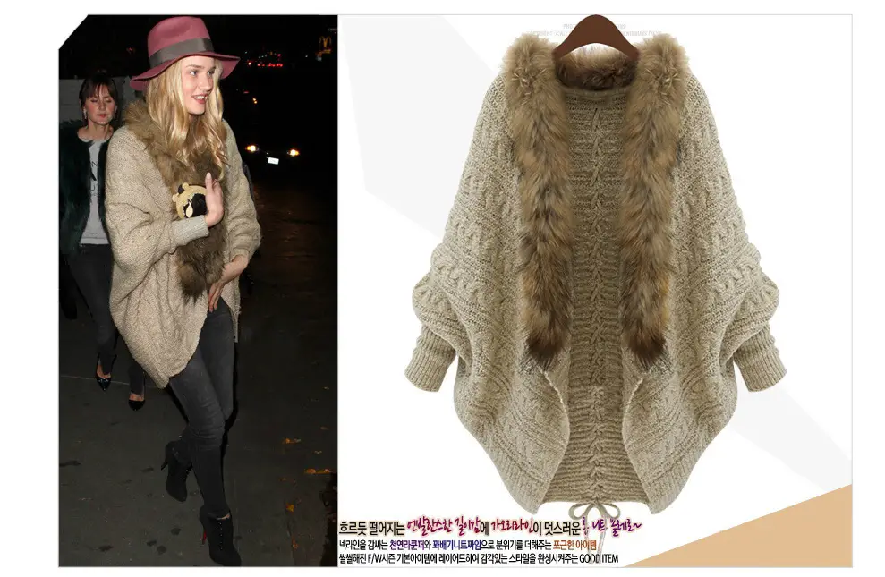 Women's Knitted Fur Collar Sweater Cape Winter Coat — feature 4