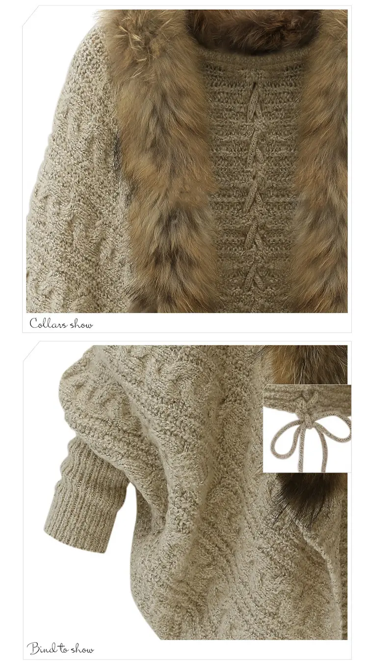 Women's Knitted Fur Collar Sweater Cape Winter Coat — feature 6