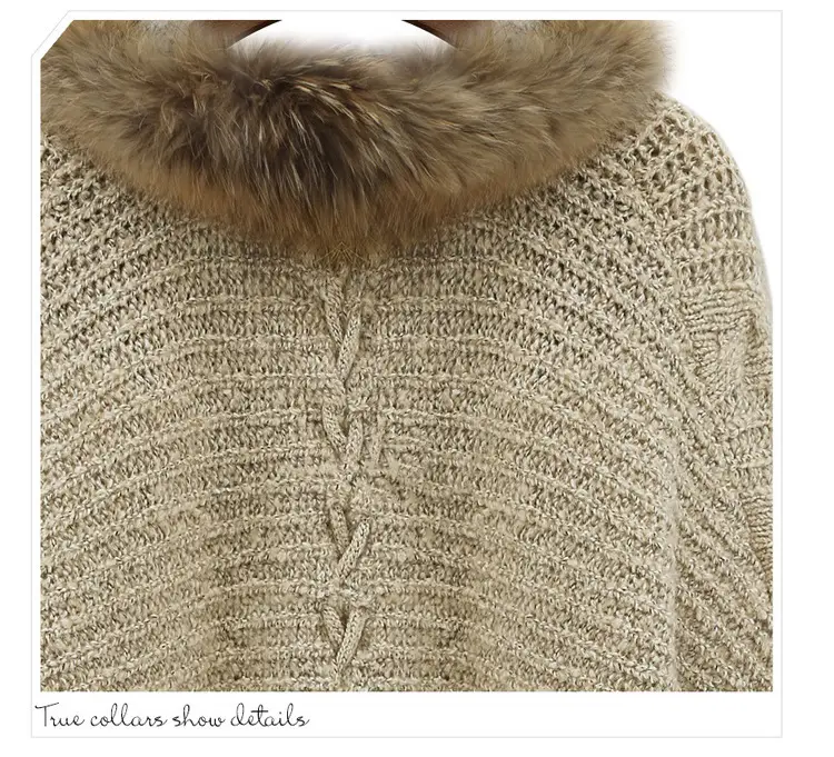 Women's Knitted Fur Collar Sweater Cape Winter Coat — feature 7