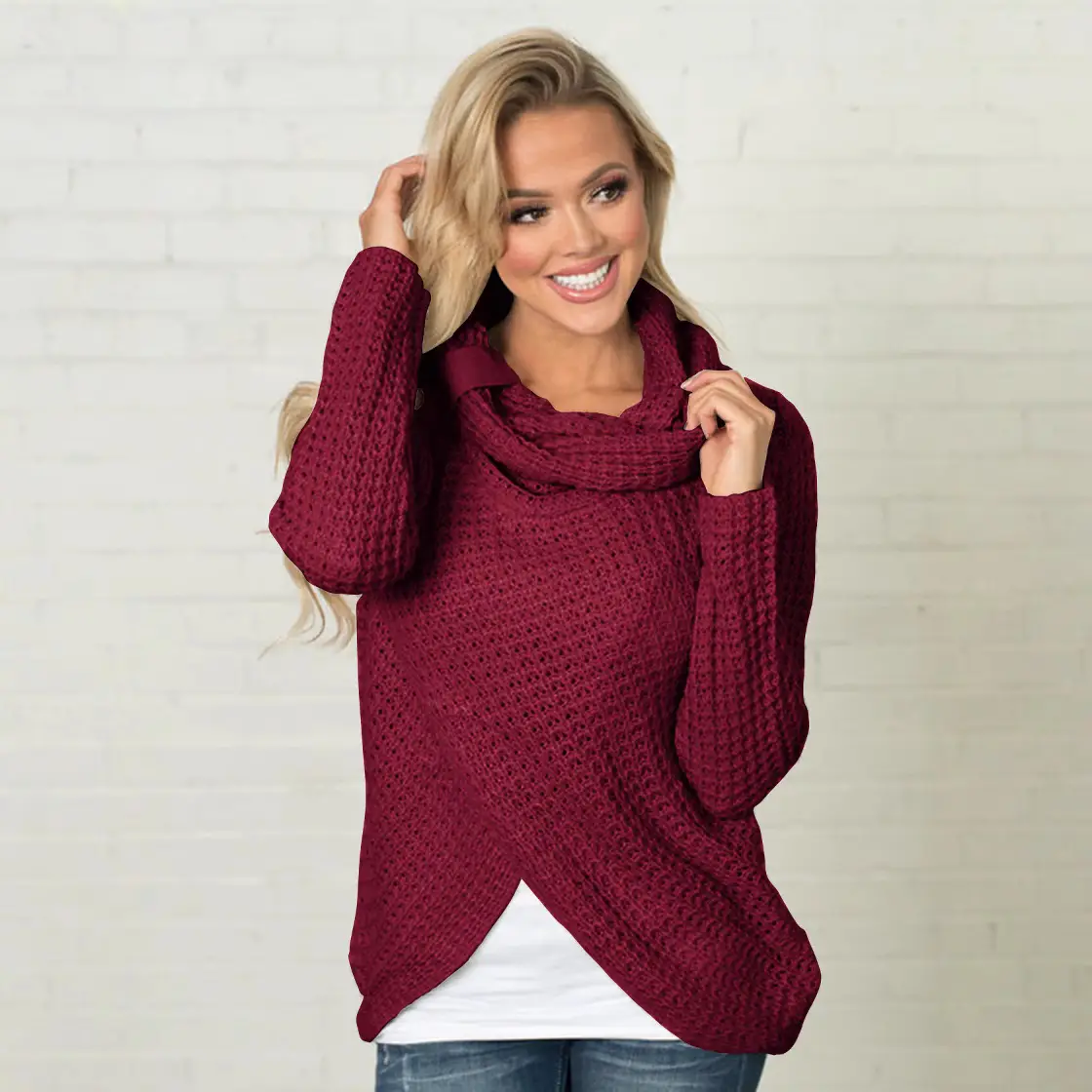 Women's Long-Sleeved Woven Lapel Sweater Tan Winter - Image 28