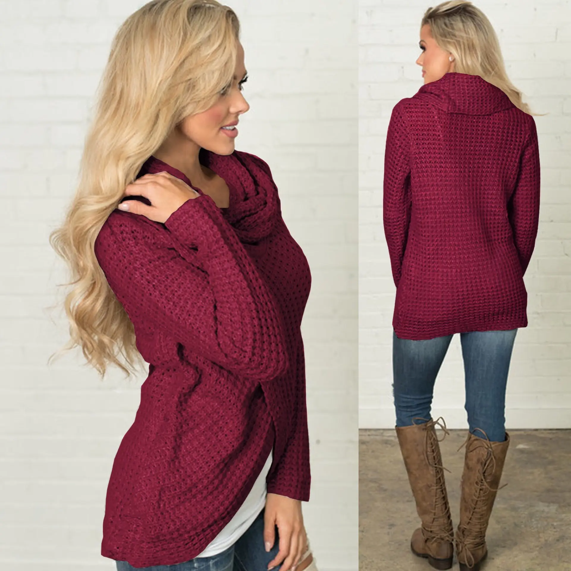 Women's Long-Sleeved Woven Lapel Sweater Tan Winter — feature 10