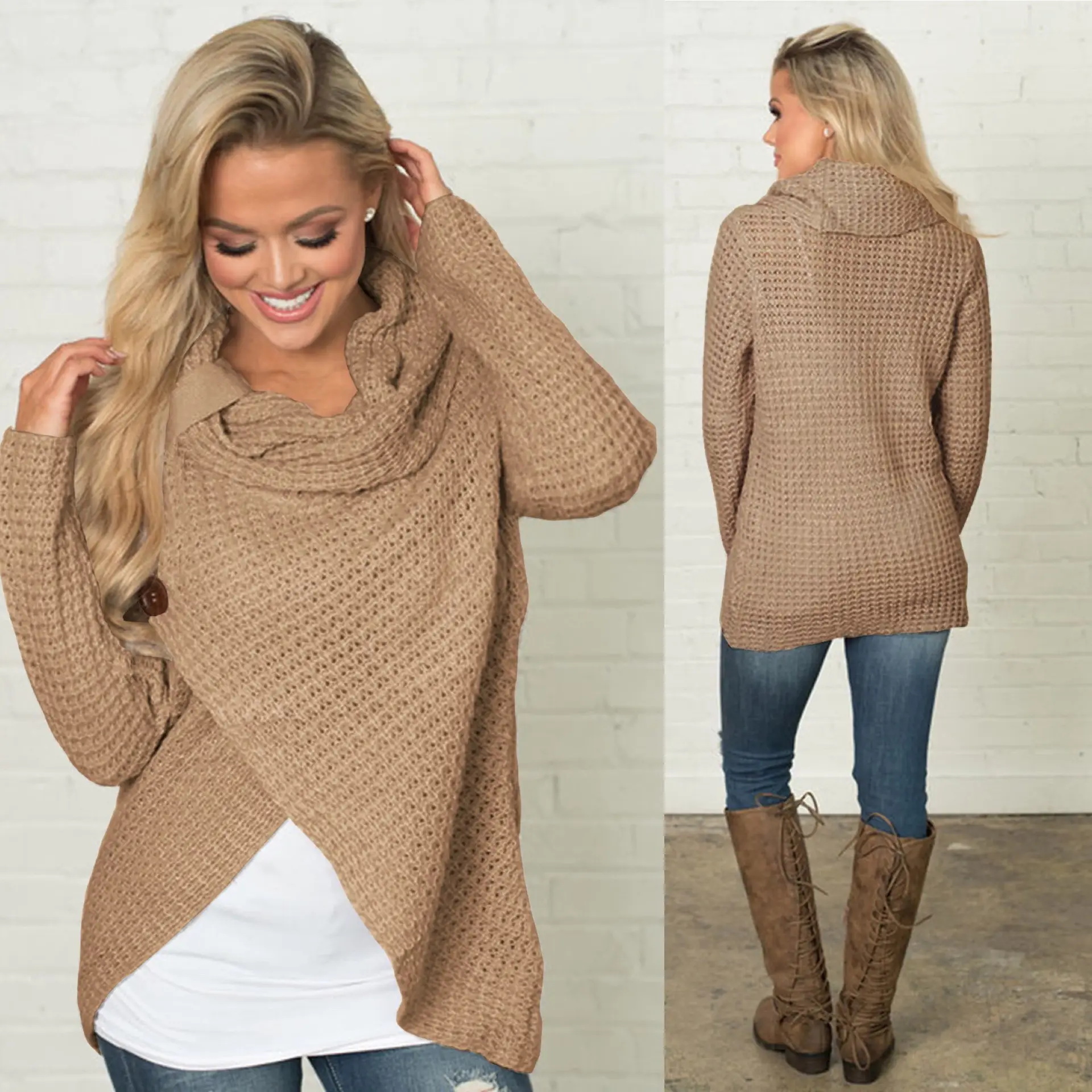 Women's Long-Sleeved Woven Lapel Sweater Tan Winter — feature 11
