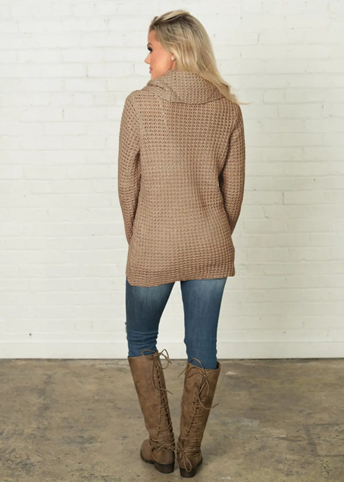Women's Long-Sleeved Woven Lapel Sweater Tan Winter — feature 31