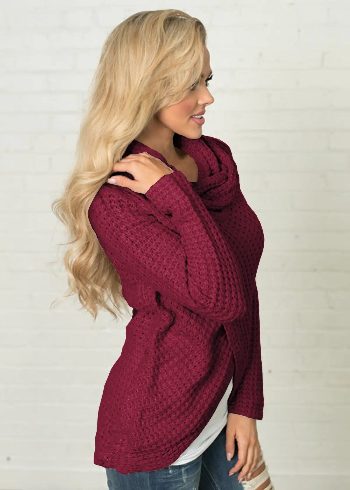 Women's Long-Sleeved Woven Lapel Sweater Tan Winter — feature 34