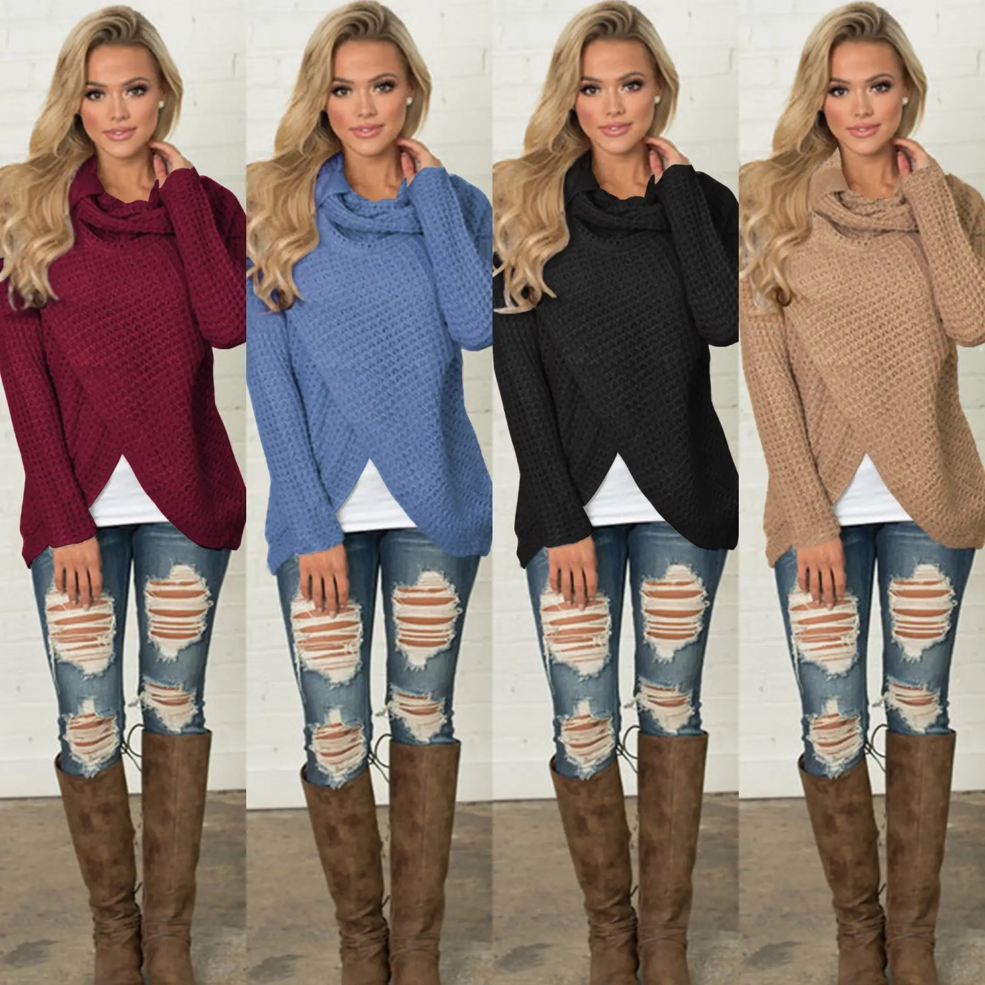Women's Long-Sleeved Woven Lapel Sweater Tan Winter — feature 4