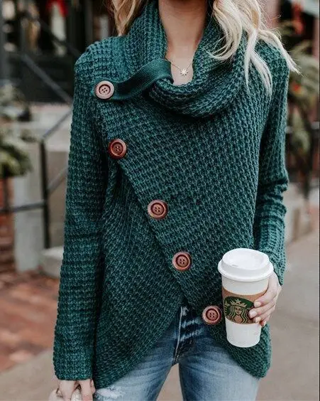 Women's Long-Sleeved Woven Lapel Sweater Tan Winter - Image 17