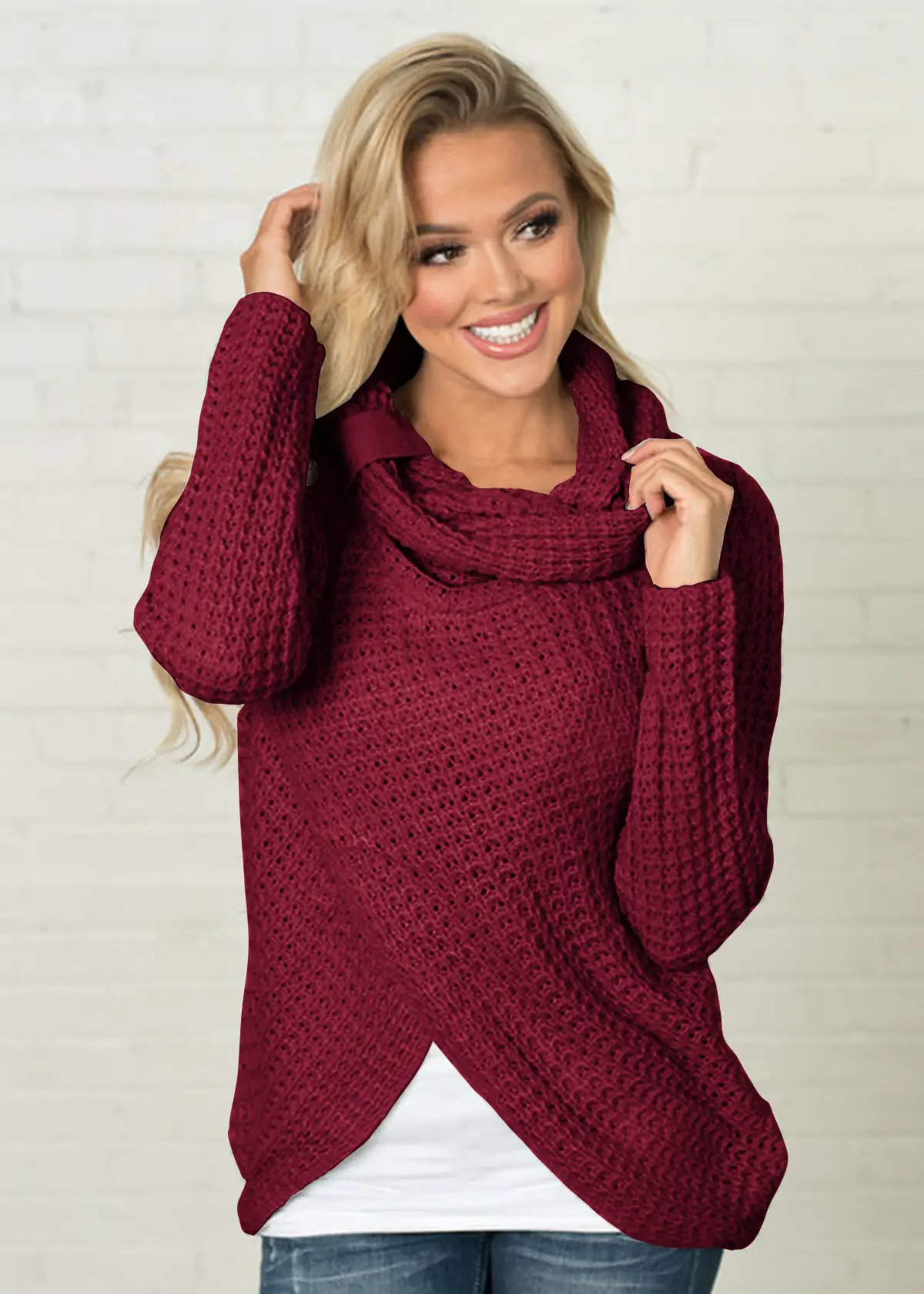 Women's Long-Sleeved Woven Lapel Sweater Tan Winter - Image 2