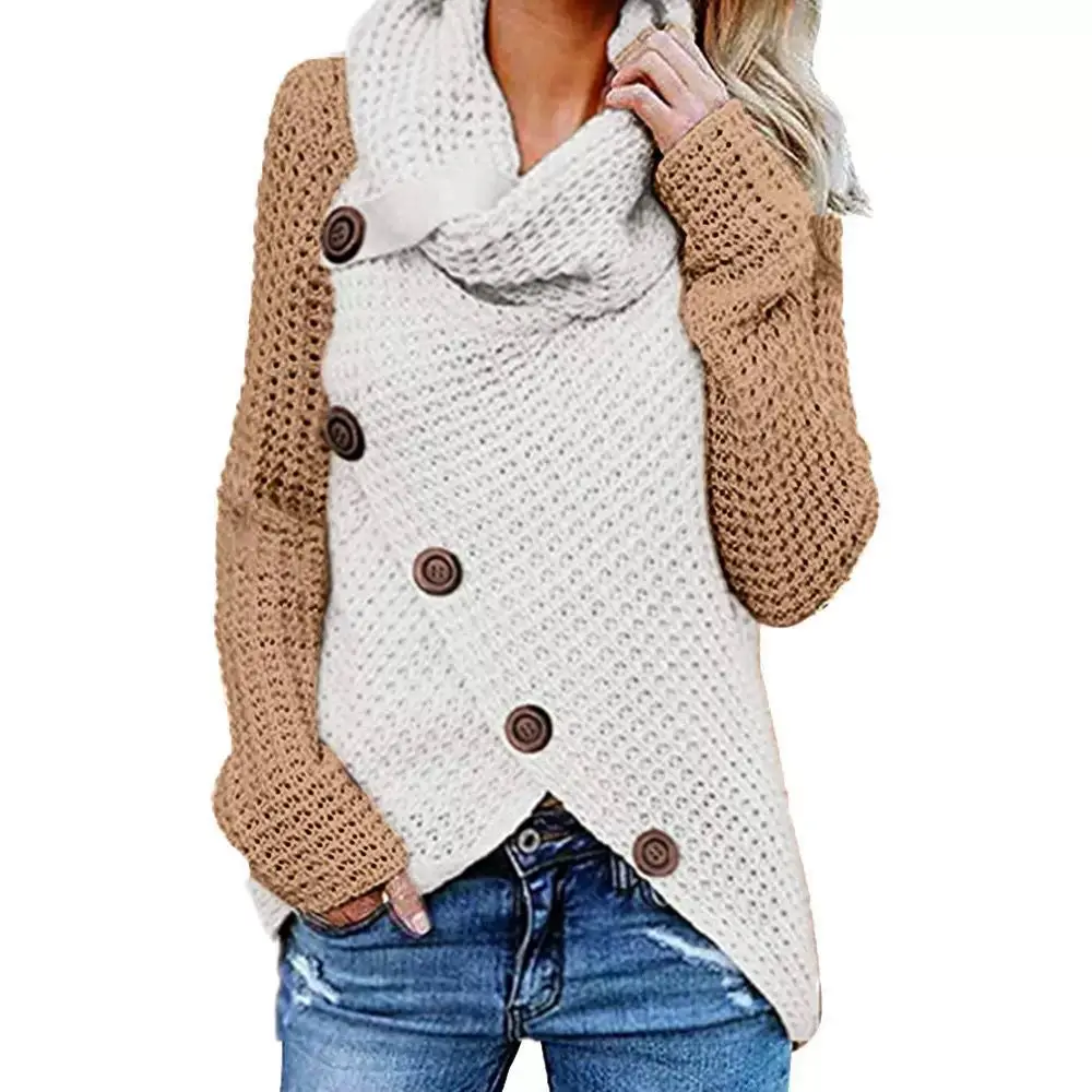 Women's Long-Sleeved Woven Lapel Sweater Tan Winter - Image 21
