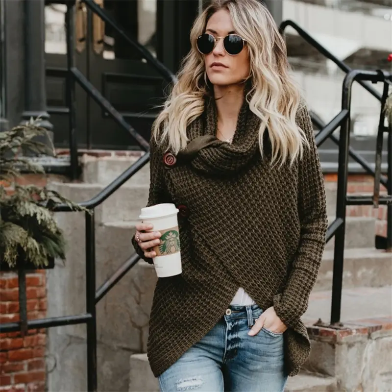 Women's Long-Sleeved Woven Lapel Sweater Tan Winter - Image 3