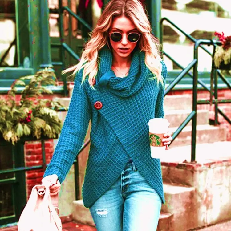 Women's Long-Sleeved Woven Lapel Sweater Tan Winter - Image 5