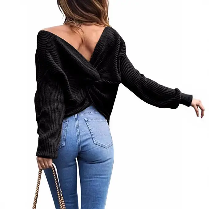 Black Knit V Neck Pullover Top for Women