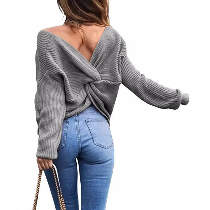 Black Knit V Neck Pullover Top for Women