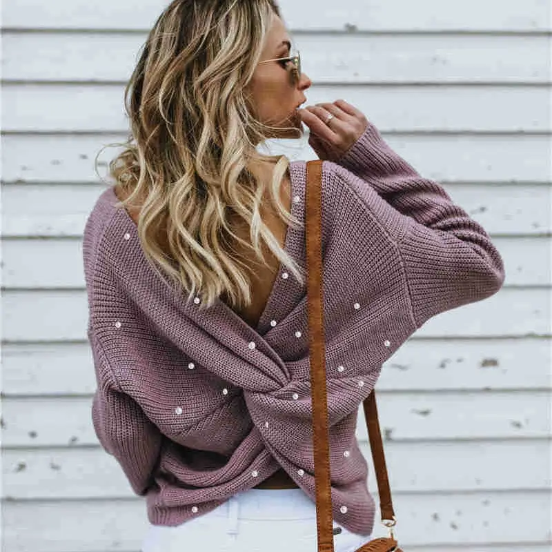 Black Knit V Neck Pullover Top for Women
