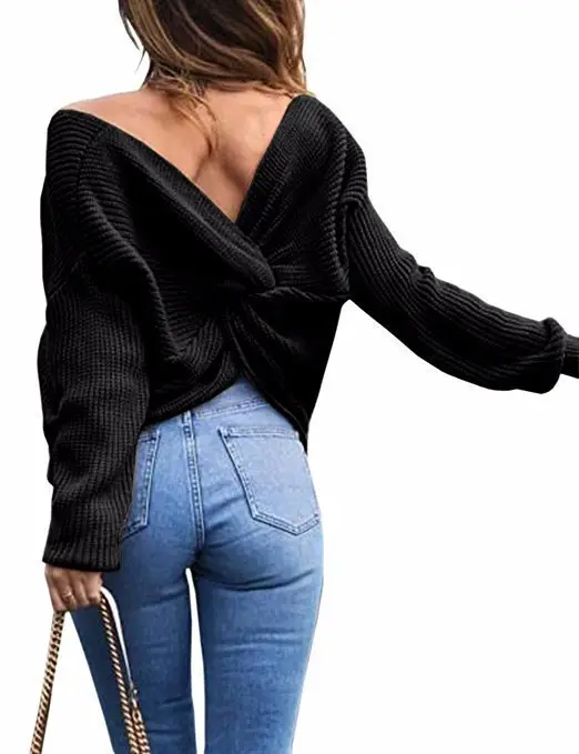 Black Knit V Neck Pullover Top for Women — feature 3