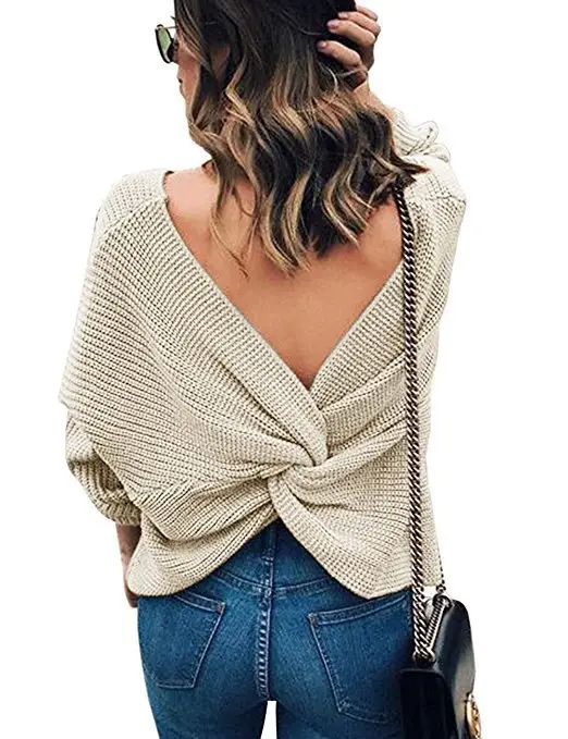Black Knit V Neck Pullover Top for Women