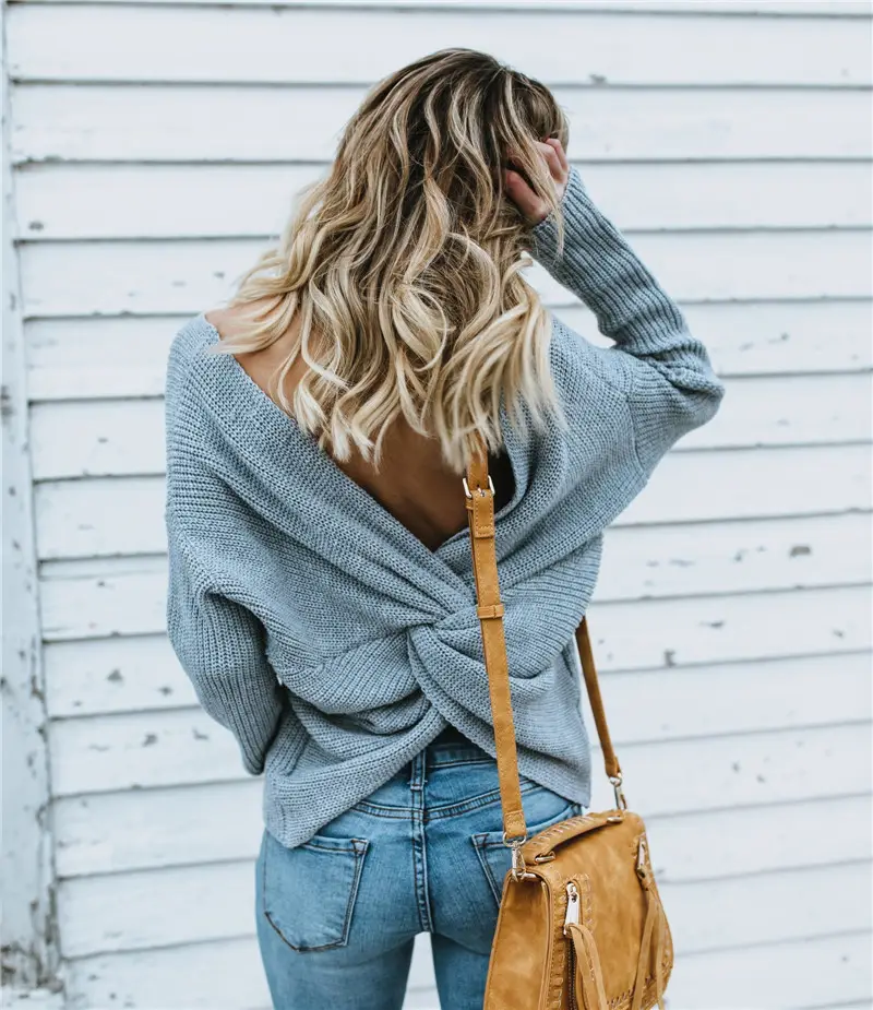 Black Knit V Neck Pullover Top for Women