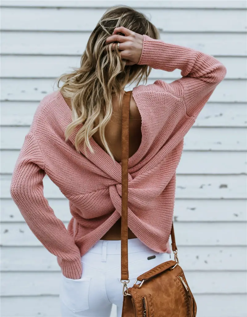 Black Knit V Neck Pullover Top for Women