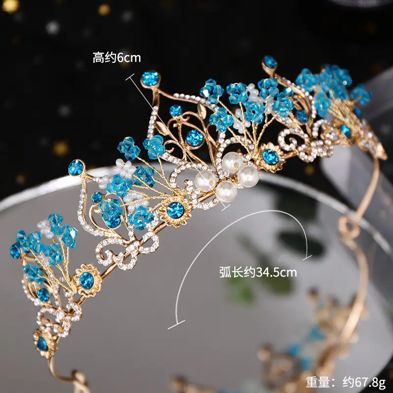 Crystal Pearl Crown Hairband Blue Gold 6cm High - Image 2