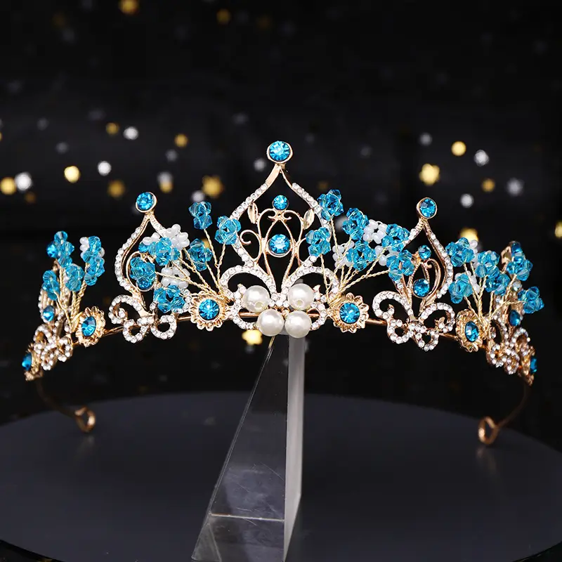 Crystal Pearl Crown Hairband Blue Gold 6cm High - Image 3