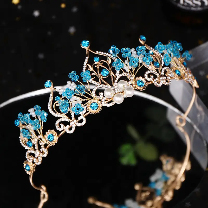 Crystal Pearl Crown Hairband Blue Gold 6cm High - Image 4