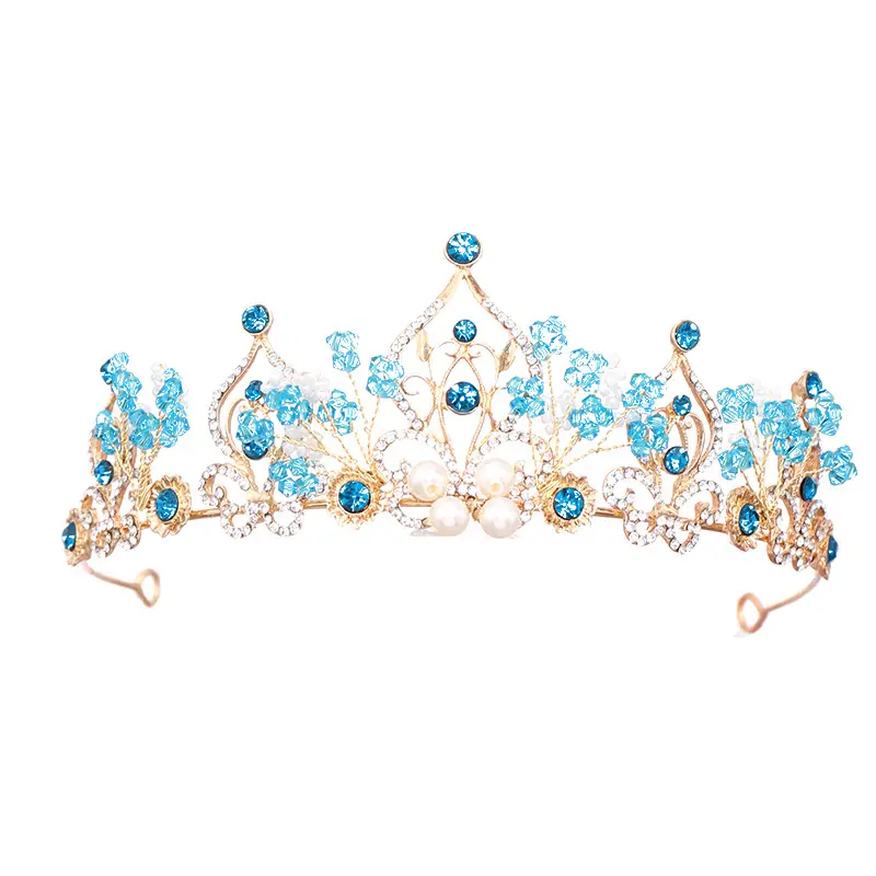Crystal Pearl Crown Hairband Blue Gold 6cm High - Image 5