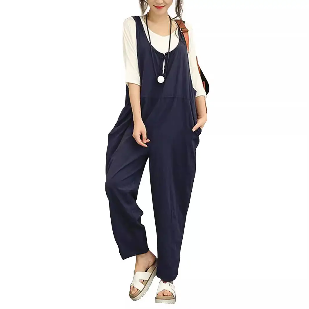Fat Plus Size Navy Blue Loose Overalls Set - Image 9