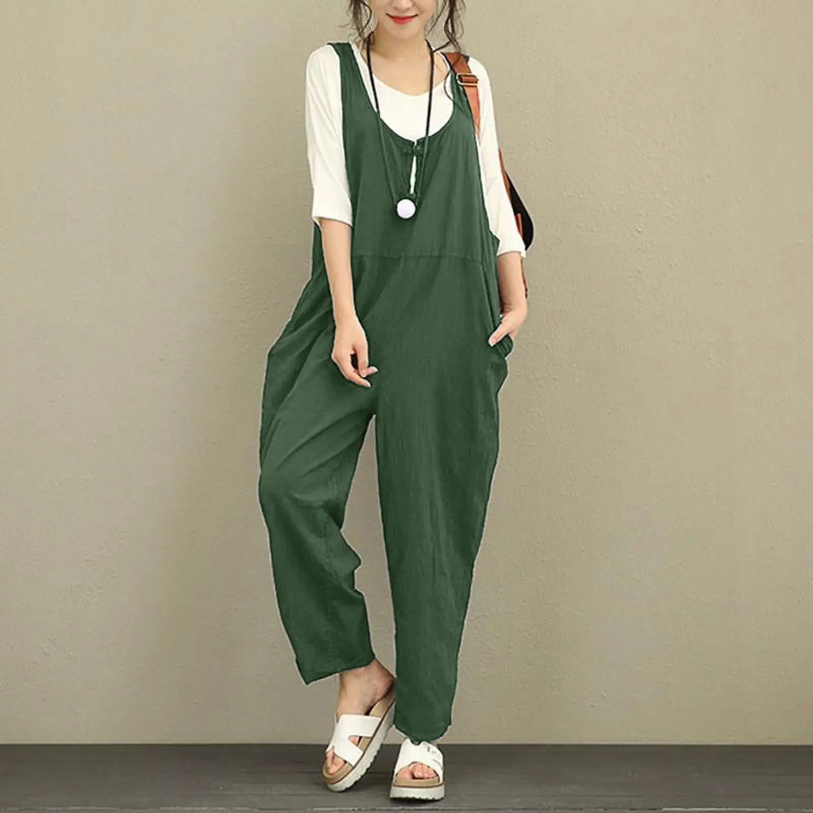 Fat Plus Size Navy Blue Loose Overalls Set - Image 3