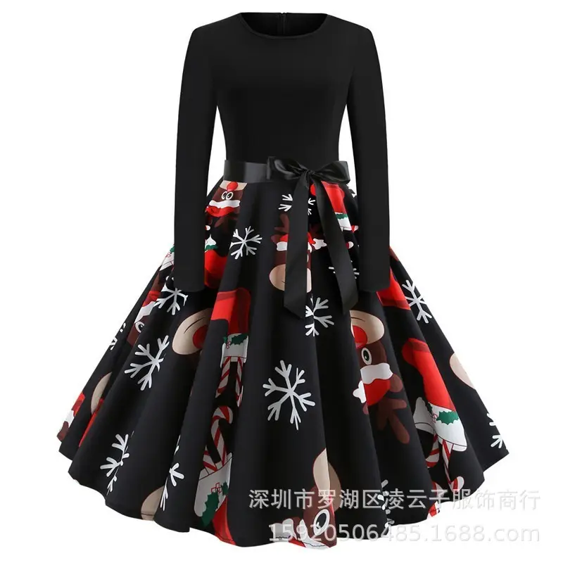 Black Printed Long Sleeve Swing Dress with Red Roses