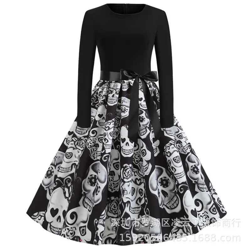 Black Printed Long Sleeve Swing Dress with Red Roses