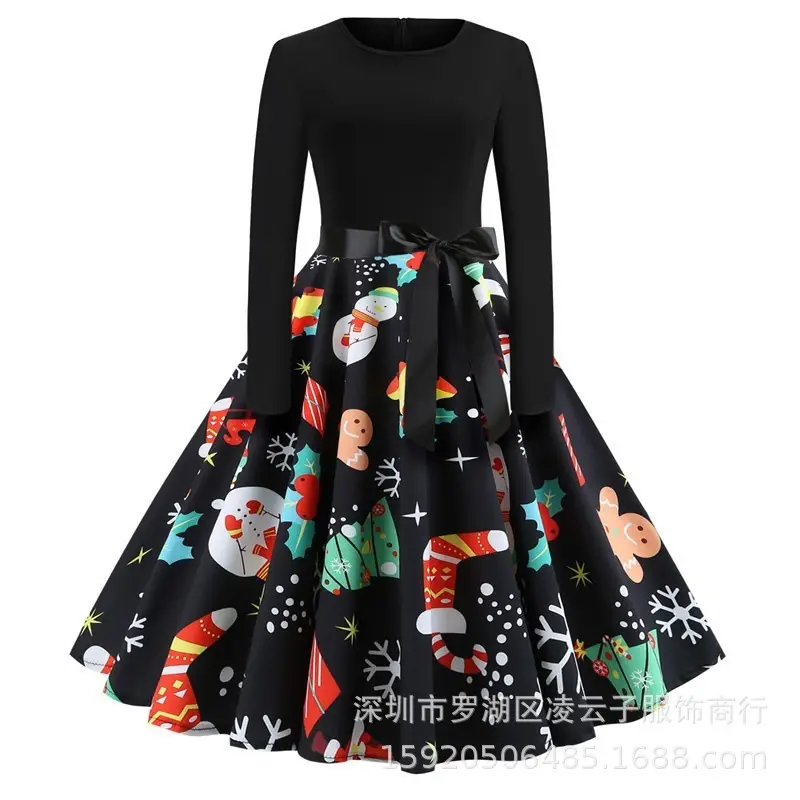 Black Printed Long Sleeve Swing Dress with Red Roses