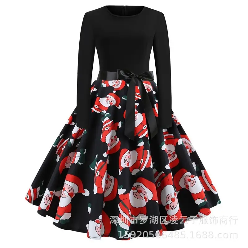 Black Printed Long Sleeve Swing Dress with Red Roses