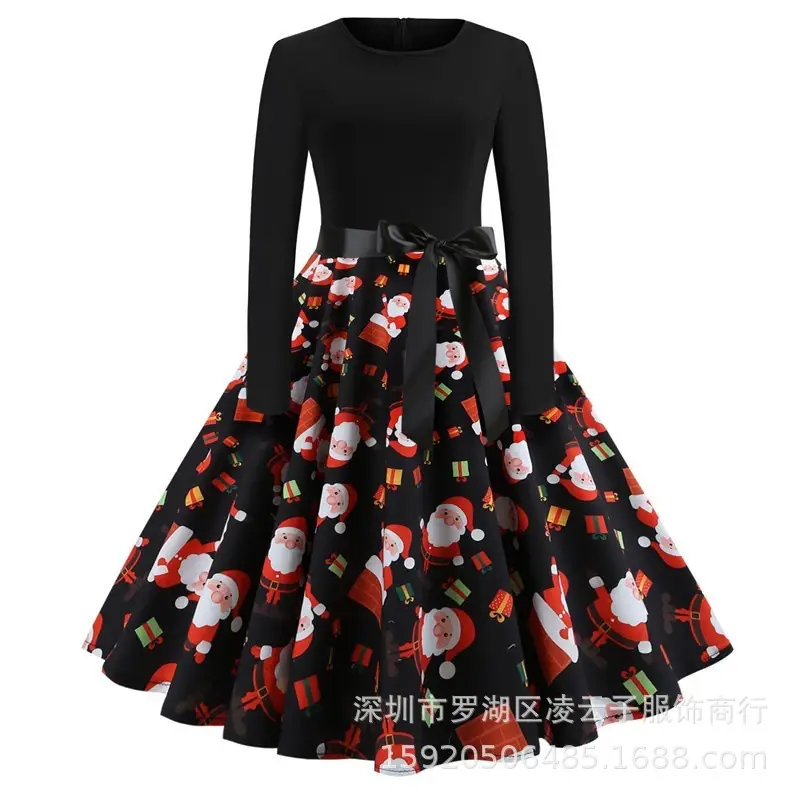 Black Printed Long Sleeve Swing Dress with Red Roses