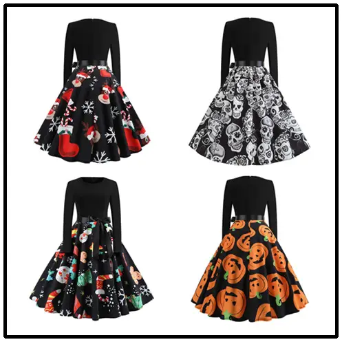 Black Christmas Print Long Sleeve Skirted Dress - Image 7